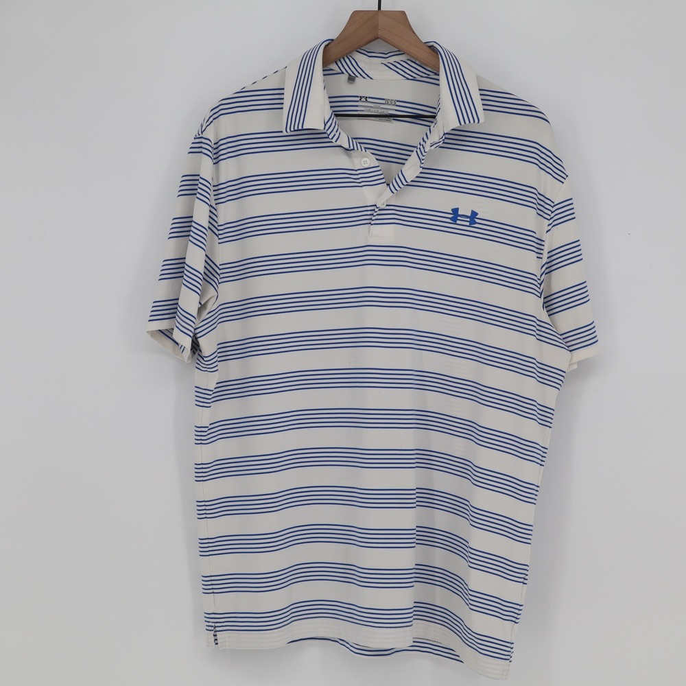 Under Armour Polo Mens Large HeatGear Loose White Blue Striped Golf Shirt GOOD